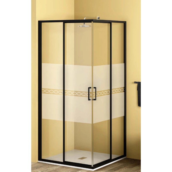 Box doccia angolare con telaio nero e pannello in vetro decorato.