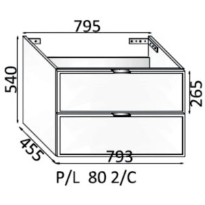 Disegno tecnico: mobile bagno sospeso t.b.t. con dimensioni per arredo bagno.