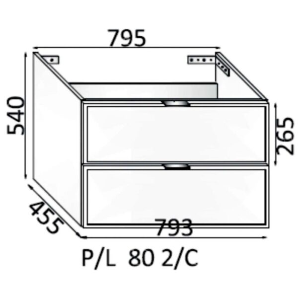 Disegno tecnico: mobile bagno sospeso t.b.t. con dimensioni per arredo bagno.