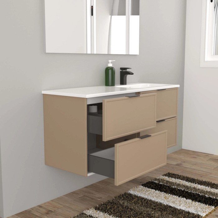 Mobile bagno t.b.t. con lavabo, specchio e cassetti aperti.
