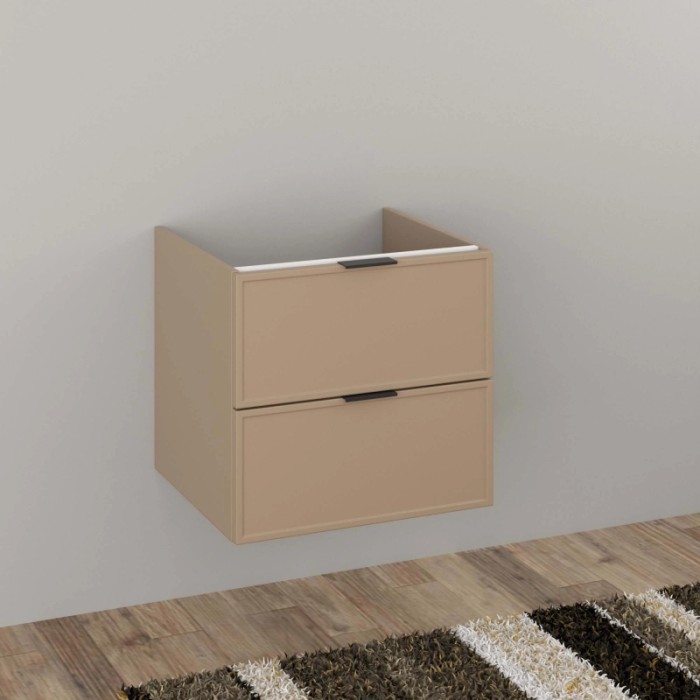 Mobile bagno sospeso beige con due cassetti e maniglie nere.