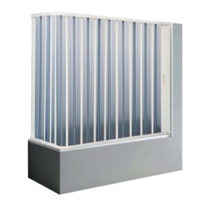 Box doccia con lamelle argento e bianche, accessorio doccia.