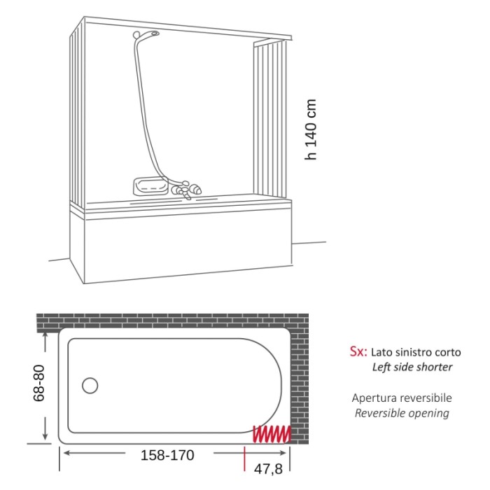 Disegno tecnico di un box doccia con dimensioni, accessori per doccia.