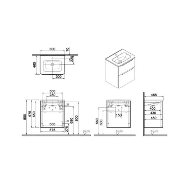 Mobile bagno base lavabo sospesa 2 cassetti Integra Round 60 cm matt white