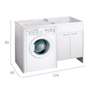 Combinazione lavatrice e lavabo bianca per la lavanderia. Lavatoi con mobile base.