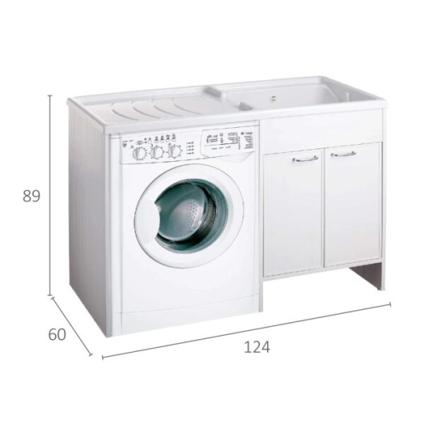 Combinazione lavatrice e lavabo bianca per la lavanderia. Lavatoi con mobile base.