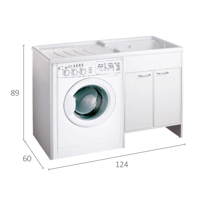 Combinazione lavatrice e lavabo bianca per la lavanderia. Lavatoi con mobile base.