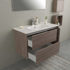 Set di mobili da bagno moderni con lavabo, mobile sottolavabo con cassetti e specchiera.