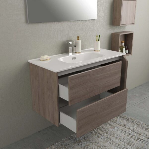 Set di mobili da bagno moderni con lavabo, mobile sottolavabo con cassetti e specchiera.