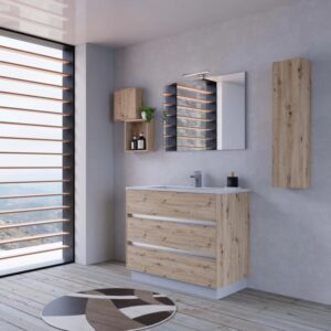 Set di mobili da bagno moderni con mobile lavabo, specchiera e pensile effetto legno.