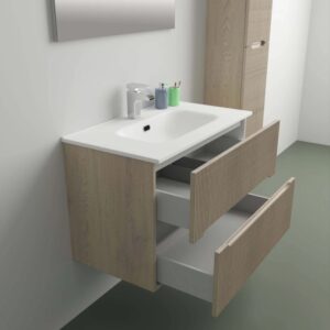t.b.t. Mobile bagno con due cassetti aperti nel bagno.