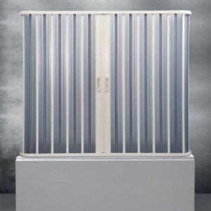 Accessorio doccia t.b.t. con frontale a rullo grigio e bianco.