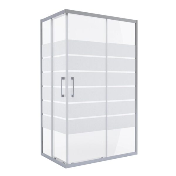 Box doccia angolare con porta scorrevole e strisce orizzontali.
