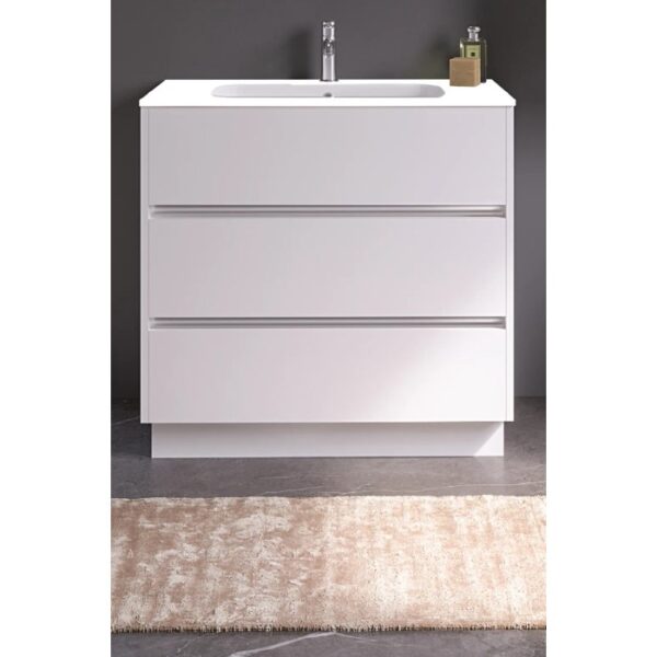 Mobile bagno bianco con tre cassetti.