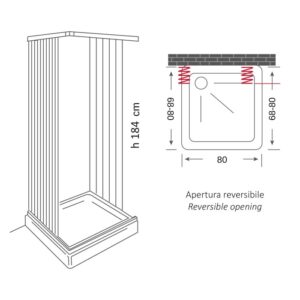 Disegno tecnico di un box doccia t.b.t. con dimensioni e apertura reversibile.