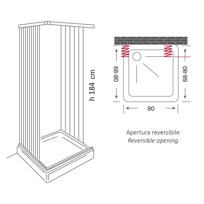 Disegno tecnico di un box doccia t.b.t. con dimensioni e apertura reversibile.