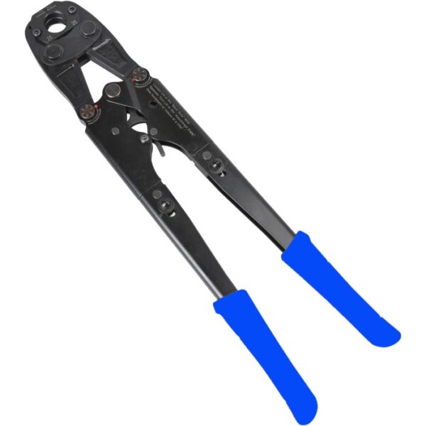 Pinza a crimpare t.b.t. con manici blu per impianti idraulici.