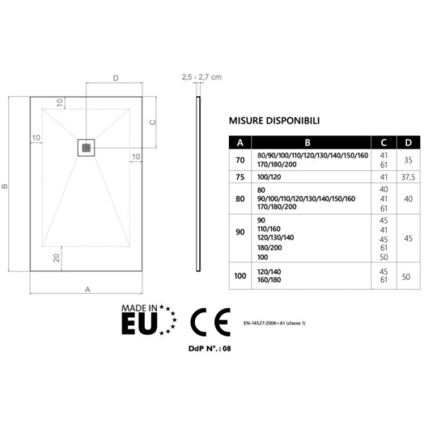 Disegno tecnico di un piatto doccia t.b.t. con dimensioni.