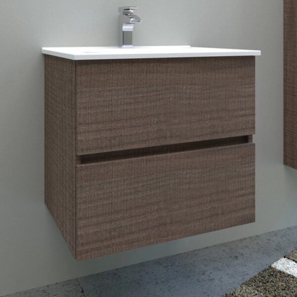 Mobile bagno sospeso effetto legno con due cassetti e lavabo bianco.