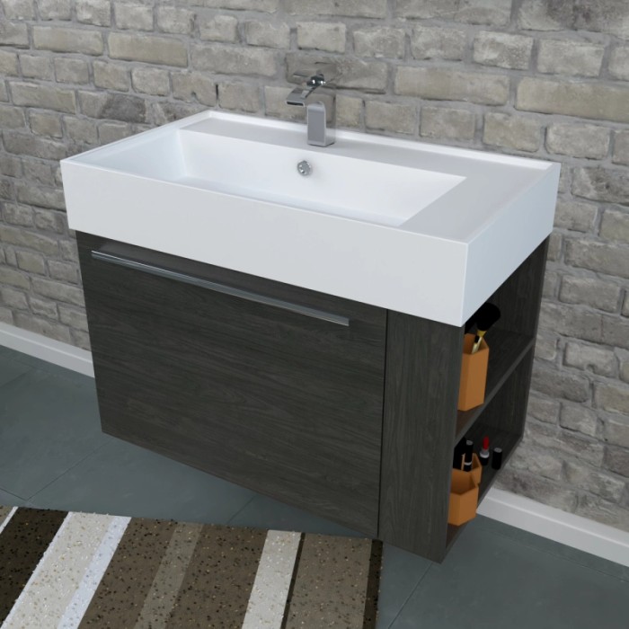 t.b.t. Mobile bagno con ripiano a giorno e lavabo bianco.