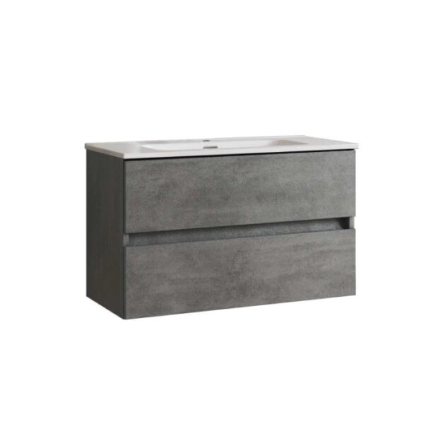Mobile bagno grigio con due cassetti e lavabo bianco.