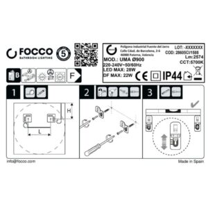Istruzioni di installazione per la lampada da specchio t.b.t. con LED, protezione IP44.