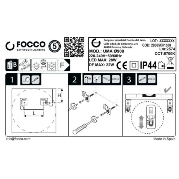 Istruzioni di installazione per la lampada da specchio t.b.t. con LED, protezione IP44.