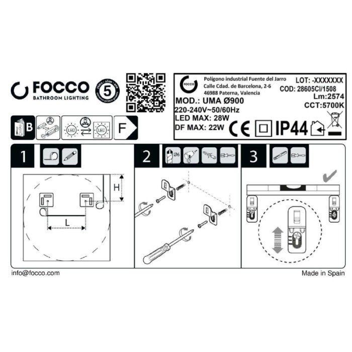 Istruzioni di installazione per la lampada da specchio t.b.t. con LED, protezione IP44.