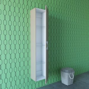 Mobile bagno sospeso stretto beige aperto con ripiani in vetro. Arredo bagno da parete.