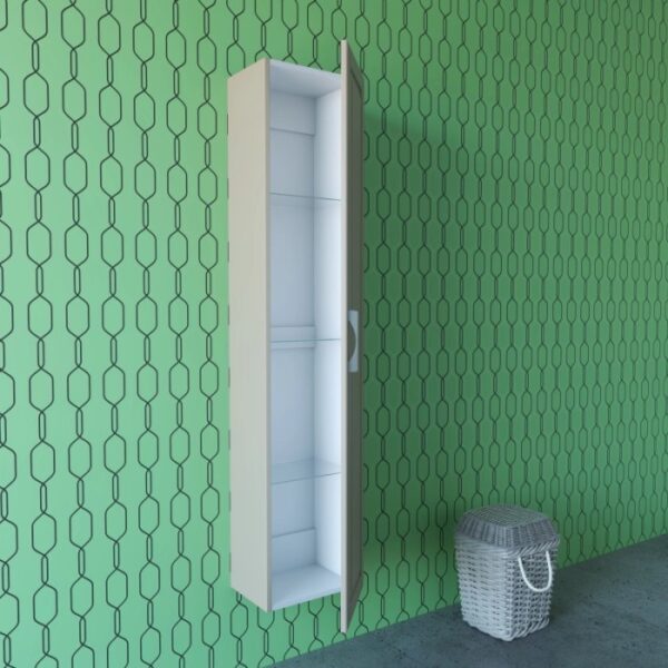 Mobile bagno sospeso stretto beige aperto con ripiani in vetro. Arredo bagno da parete.