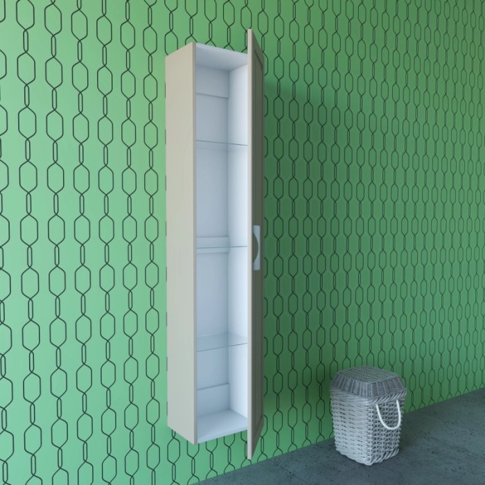 Mobile bagno sospeso stretto beige aperto con ripiani in vetro. Arredo bagno da parete.