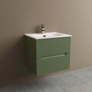 Mobile bagno verde con lavabo e due cassetti.