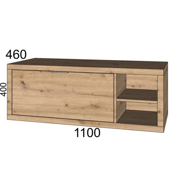 Mobile bagno color legno con cassetto e ripiani per il bagno.