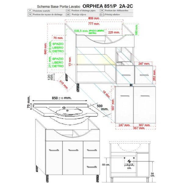 Disegno tecnico: mobile bagno t.b.t. con dimensioni e dettagli per l'installazione.