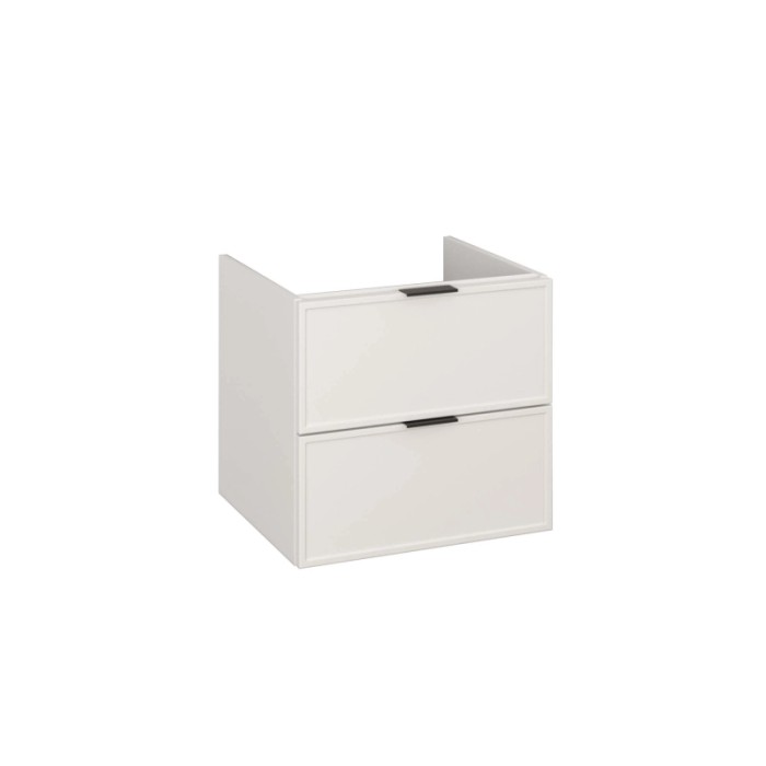 t.b.t. Mobile bagno bianco con due cassetti e maniglie nere.