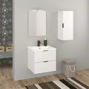 Set di mobili da bagno bianchi con mobile lavabo, specchiera e pensile.
