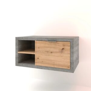 Mobile bagno moderno con effetto cemento e anta in legno. Mobile sottolavabo sospeso.