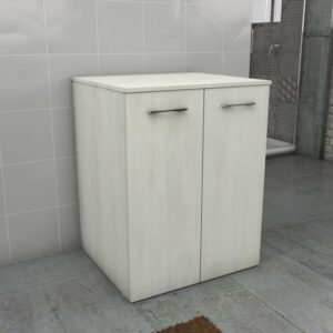 Mobile bagno t.b.t. con due ante e maniglie argentate.