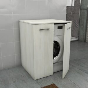 Mobile bagno per lavatrice con frontale effetto legno, parte di un set di mobili bagno.