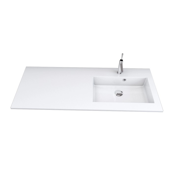 Lavabo singolo t.b.t. bianco con rubinetto, vista dall'alto.