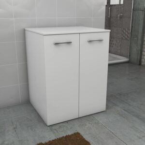 Mobile bagno bianco con due ante e maniglie argentate.
