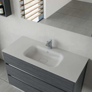 Mobile lavabo moderno con mobile grigio e lavabo da appoggio bianco.