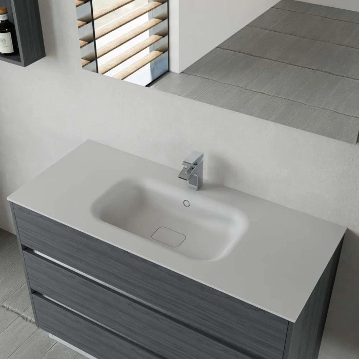 Mobile lavabo moderno con mobile grigio e lavabo da appoggio bianco.