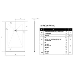 Disegno tecnico di un piatto doccia t.b.t. con dimensioni.