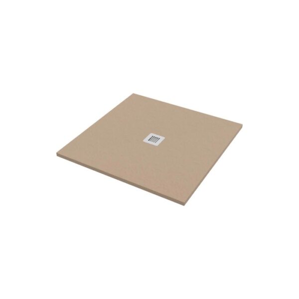 Piatto doccia quadrato beige con scarico centrale.