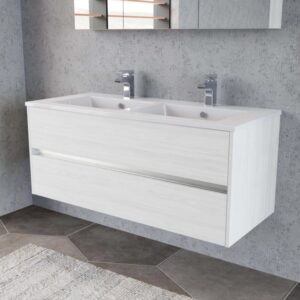 Mobile bagno t.b.t. bianco con due lavabi e cassetti per il bagno.