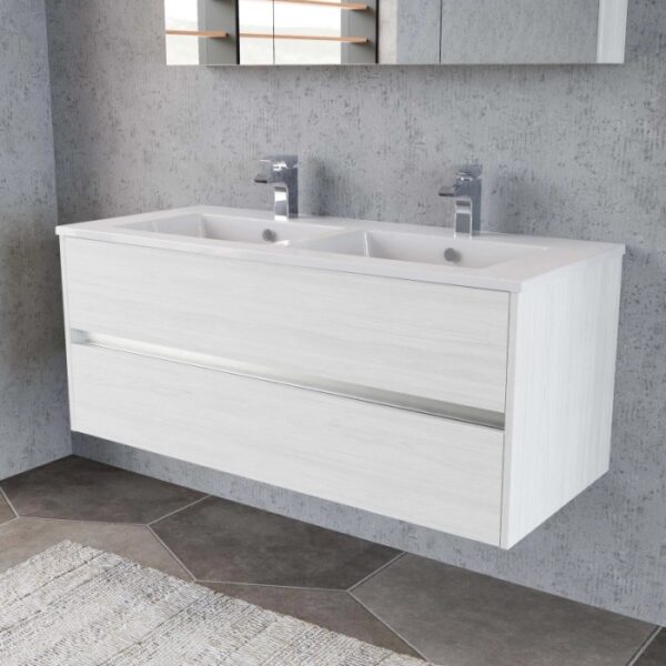 Mobile bagno t.b.t. bianco con due lavabi e cassetti per il bagno.