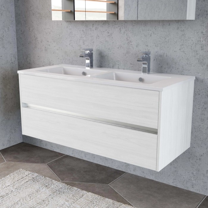 Mobile bagno t.b.t. bianco con due lavabi e cassetti per il bagno.