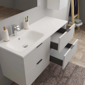 Mobile lavabo bianco t.b.t. con due cassetti e lavabo da appoggio.