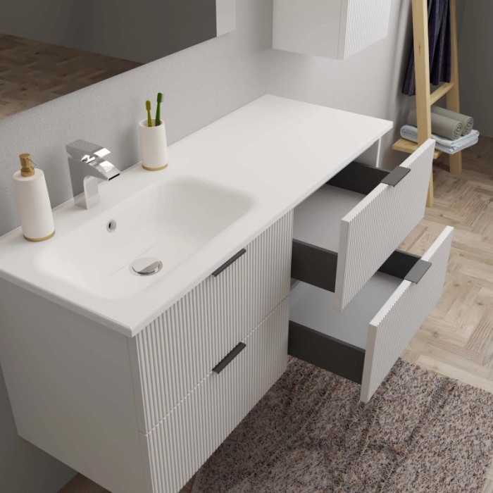 Mobile lavabo bianco t.b.t. con due cassetti e lavabo da appoggio.